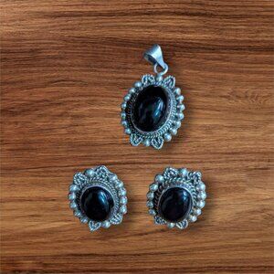 Silver Pendant & Earring Set With Black Onyx Stones 925 Stamped Made In Mexico